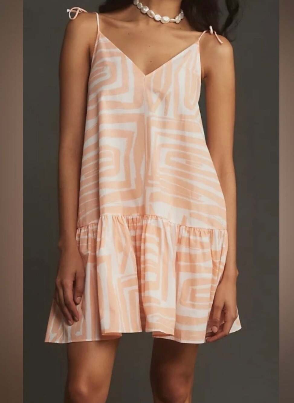 Maeve Flounce Swing Mini Dress Size Large Peach White Geo Print Anthropologie